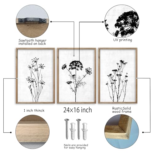 Flower Plant Wall Art Decor 24"x16" Set of 3 Black And White Botanical Painting Wood Framed For Minimalist Bedroom Office Rustic Living Room Abstract Wildflower Sign Hanging (Wood White) - Image 2