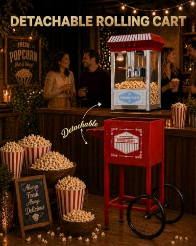 Image of 12 Oz Commercial Popcorn Machine Cart, 800 W, Popcorn Maker Machine with Stainless-Steel Kettle, Movie Theater Popcorn Machine with Steel Frame Tempered Glass Doors & Heated Warming Deck, Red