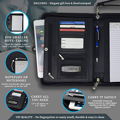 Junior Zippered Business Padfolio with 5x8 Notepad - Black Faux Leather A5 Binder Portfolio & Organizer Folder with 8 Inch Tablet Sleeve by Lautus Designs - Thumbnail 7
