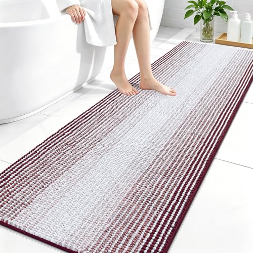Image of OLANLY Bathroom Runner Rugs 70x24, Extra Soft Absorbent Chenille Striped Bath Rugs, Rubber Backing, Machine Wash Dry, Long Bath Mats for Bathroom, Tub, Shower, Home Decor Accessories, Burgundy