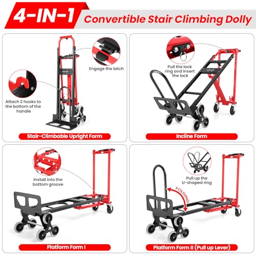 Image of Heavy Duty Stair Climbing Hand Truck - 1000 LBS Capacity 4-in-1 Convertible Dolly Cart, Foldable Platform Utility Cart for Moving Boxes, Industrial Grade Steel Construction(red)