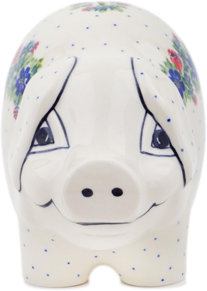 Polmedia Polish Pottery Piggy Bank - Springtime Wreath Pattern Handmade in Boleslawiec Poland by Ceramika Artystyczna + Certificate of Authenticity