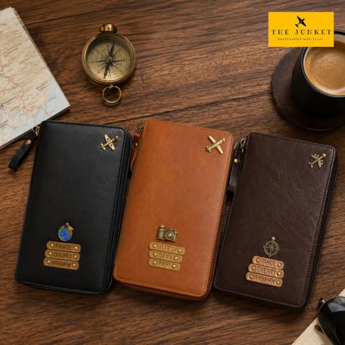 Image of The Junket Personalised Zipper Family Travel Passport Holder Organizer | Holds Up to 3 Passports | Water-Resistant Faux Leather Document Organizer Wallet (Dark Brown)