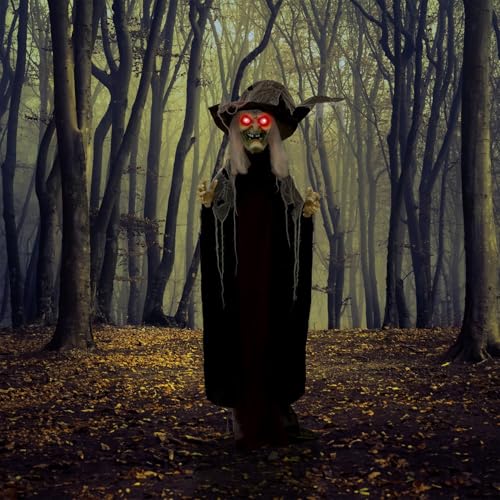 Haunted Hill Farm Life-Size Poseable Scary Talking Witch, Halloween Animatronic with Touch Activated Lights and Sound, Battery Operated Indoor or Covered Outdoor Halloween Decorations, Fright Props