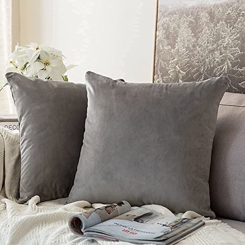 Image of Decorative Holland Velvet Cushion Square Pillow Covers Pillowcases for Sofa Bedroom with Invisible Zipper || (Grey, Set of 2 Piece (16X16 Inches)