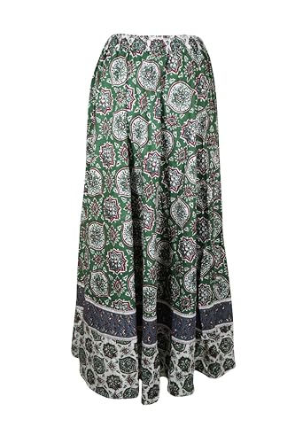 Womens Indian Summer Skirt Green Floral Maxi Skirt Cotton Trendy Beach Boho Flared Printed Festival Skirts, S/M3