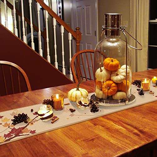 Sunshine Day Linen Burlap Table Runnners - 13X36 Inches Long, Thanksgiving Autumn Theme Branch Fall Leaves Dresser Scarves Table Decor For Celebration/Wedding Bed Runners For Hotel Beige Orange #TOP3