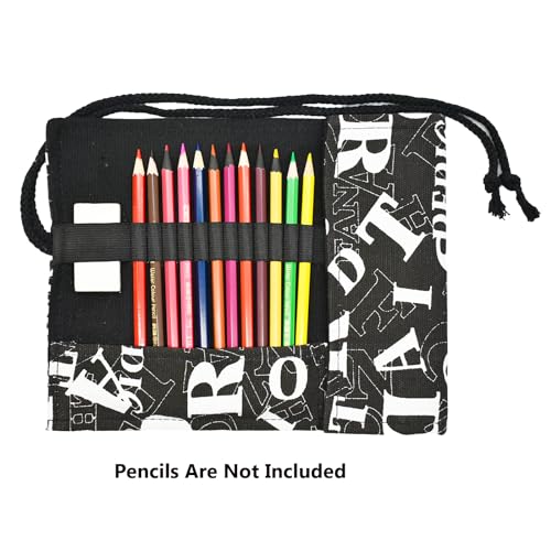 Image of Letters Pattern Colored Pencil Wrap Canvas Pencils Roll Up Holders Pencil Roll Organizers for Artist Adult Coloring Travel Storage With 48 Slots(Letters)