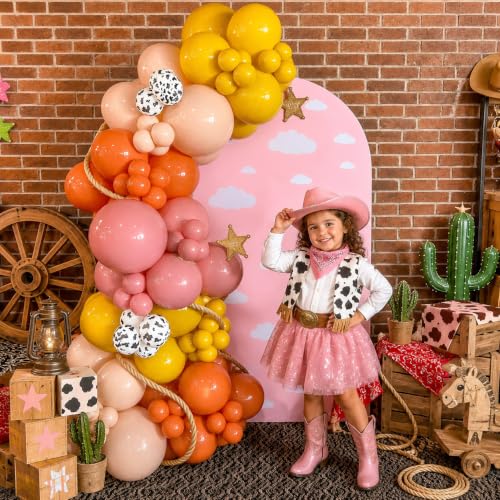 Image of HILAVO Cow Print Balloons, 12 Inch Retro Orange and Pink Yellow Sand White Balloons for Story Theme Farm Country Wild Western Cowgirls Rodeo Baby Shower Birthday Party Decorations
