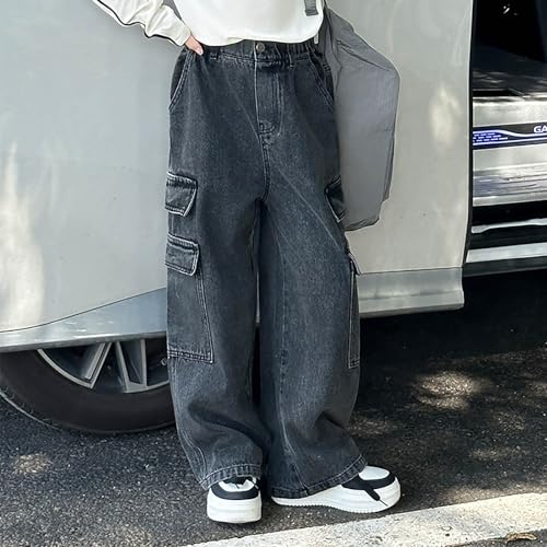 Girls Distressed Cargo Jeans Youth Baggy High Waist Wide Leg Denim Pants Trendy Streetwear Black Denim Trousers2