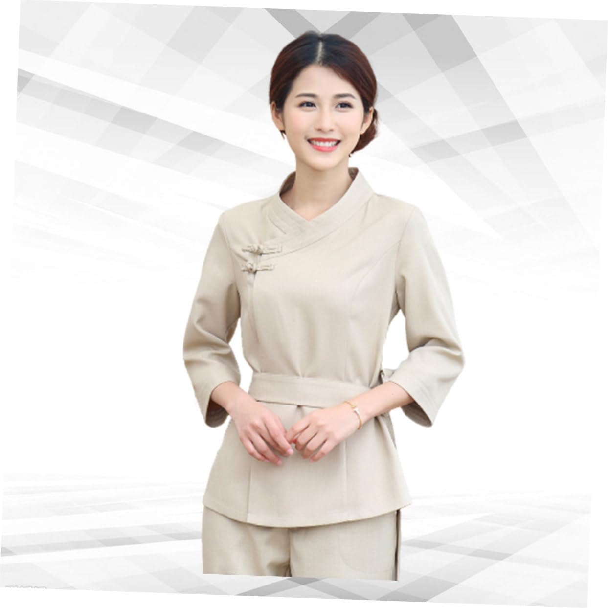 Tenues de Technicien de Beauté Costume de Salon Spa Vêtements de Capillaire Beige