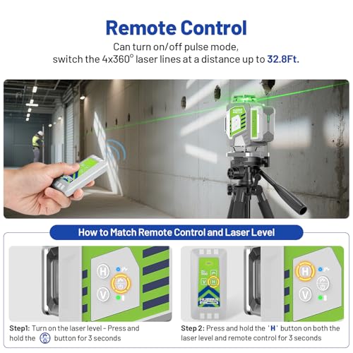 HueparPro Laser Level 360 Self Leveling, 4x360°Green Cross Line Laser Tool with Remote Control & 8000mAh Rechargeable Li-ion Battery, High Accuracy 4D Laser for Construction, Magnetic Bracket -ZK04CG