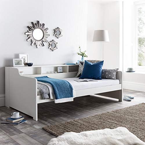 Day Bed with Storage, Happy Beds Tyler White Wooden Daybed 3ft Single (90  x 190 cm) with Memory Foam Mattress Included