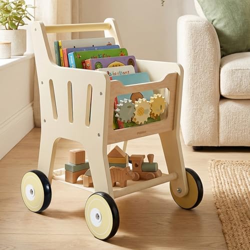 Pithfor Wooden Shopping Cart for Kids 3 in 1 Wooden Baby Push Walker Baby Doll Stroller Toy Shopping Cart for Toddlers 1-3