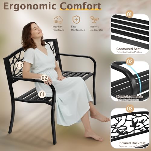 Image of VINGLI Outdoor Bench for Patio Metal Garden Bench w /PVC Back Pattern, Black Park Benches Front Porch Benches for Yard Lawn Decor Deck Entryway (Black-Bird)