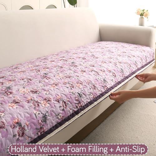 Image of HOKIPO 'Florentina Series' Foam Filled Holland Velvet L Shape (2+2 Seater) Sofa Cover Seat Mat with Anti-Slip Backing, Peony Lavender (IN-879+880-V6)