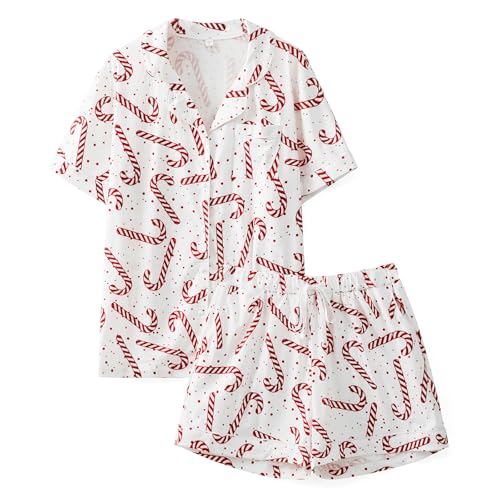 Women Christmas Pajamas Shorts Set White Christmas Pajamas Short Sleeves Shirt and Shorts 2 Piece Pjs Sleepwear