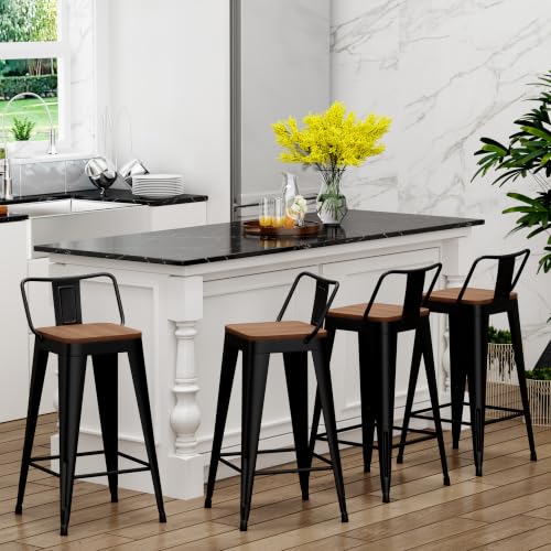 Image of Yongchuang 24 inch Metal Barstools Set of 4 Counter Bar Stools with Wood Top Low Back Matte Black | kitchen Stools Black Low Back Bar Stools with Wood Seat Modern Farmhouse Counter Stools Island Chairs 330LBS Weight Capacity