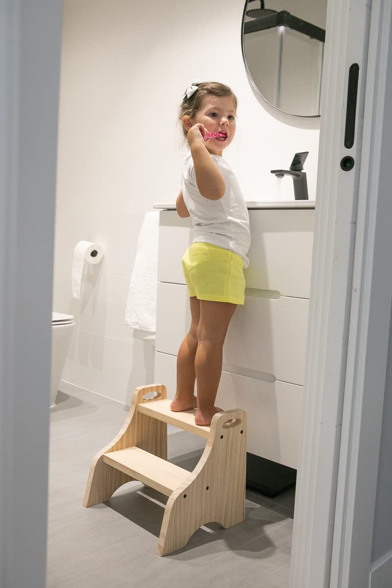 Taburete infantil Montessori - Escalón niños madera 100% natural - banco de madera baño - escalón infantil - escalera 2 peldaños - taburete baño - taburete madera (Modelo Nube)