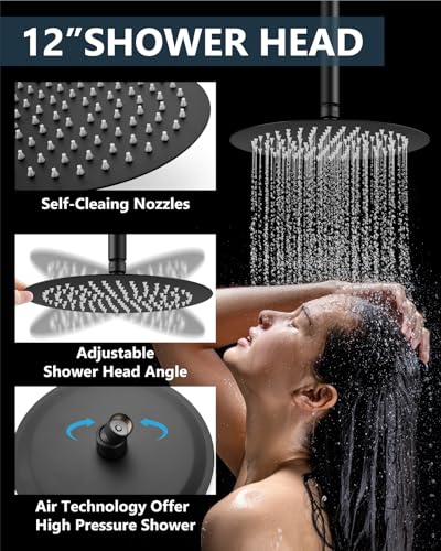 Sistema de Ducha Aolemi con Doble Cabezal 12 y 6 Pulgadas Negro Mate | con Pulverizador de Mano, Válvula y Kit de Recorte, Diverter Botón Presión, Cabezal Superior 12"+ Pared 6" Redondo Lluvia, Baño miniatura 3