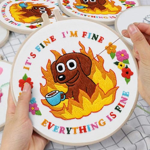 Image of Nuberlic Cute Dog Embroidery Kits for Beginner Adults Cross Stitch Kit with Funny Animal Pattern Include Cloth Hoops Threads Needles