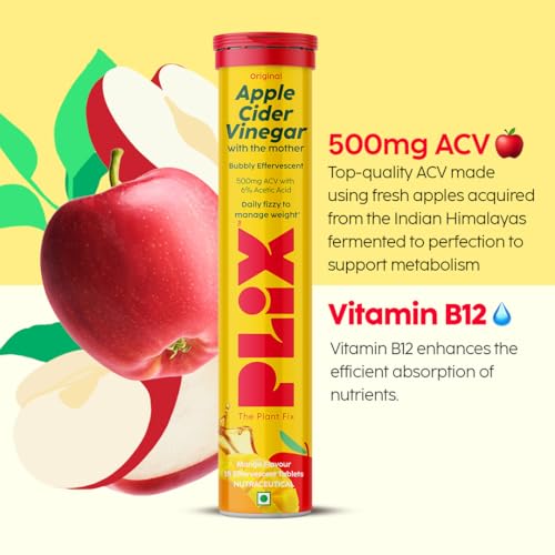 Image of THE PLANT FIX Apple Cider Vinegar Effervescent Tablet with mother | Supports Metabolism & Appetite Control I With 500mg ACV, Vit B6 & B12 I No Maltodextrin, No Added Sugar I Pack of 4 (60 tablets)