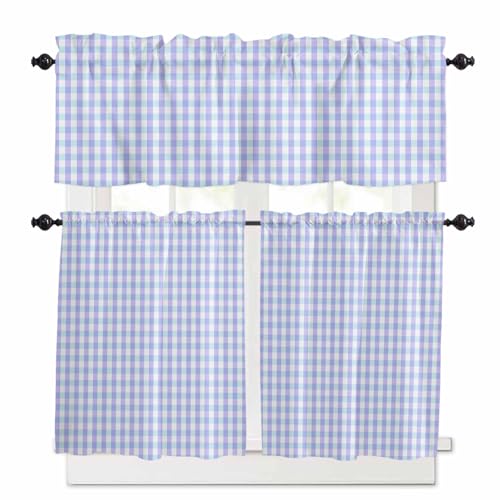 Blue Grid Kitchen Curtains 36 Inch Length,3 Piece Rod Pocket Small Half Tiers and Valance Set,Checkered Plaid Gingham Lattice Trellis Print Small Large Window Treatment Decor for Bedroom/Bathroom
