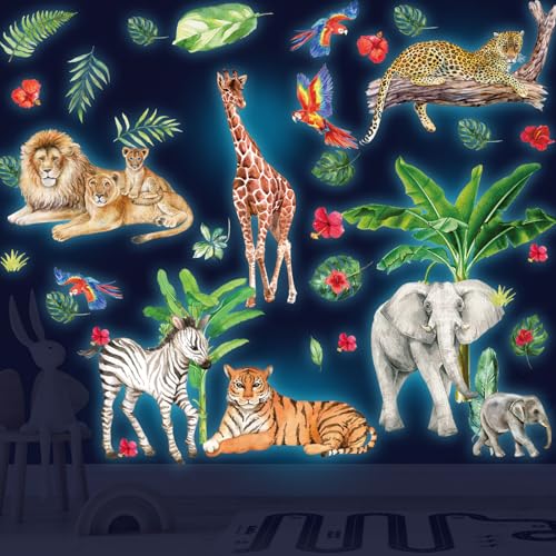 Glow in The Dark Jungle Animals Wall Decals,Glowing Luminous Safari Animals Wall Stickers Removable self-Adhesive Forest Tiger Elephant Palm Trees Decals for Boys Girls Bedroom Kids Nursery Decoration by HSDSH - Image 5