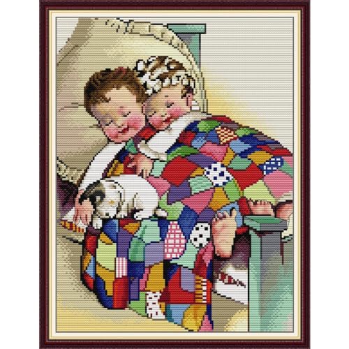 Image of Stamped Cross Stitch Kits Full Range of Embroidery Patterns 11CT 3 Strands DIY Printed Cross-Stitch Kits for Adults Beginner -Brother and Sister 19.7x15.3 inch