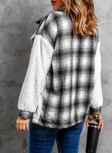 Happy Sailed Womens Sherpa Jackets Casual Long Sleeve Button Down Plaid Patchwork Fuzzy Fleece Jackets Boyfriend Style Warm Outerwear Coats Black Small #TOP1