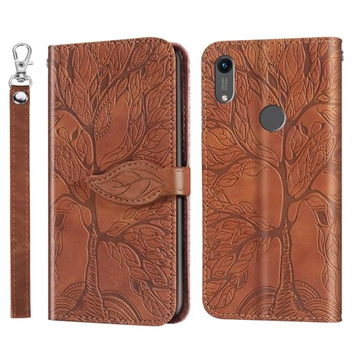 Beajew Handyhülle für Honor Play 8A/Huawei Y6 2019/Y6 Pro 2019 Hülle, [Bäume] Premium PU Lederhülle Schutzhülle Klappbar Tasche Klapphülle mit Magnet Kartenfach Standfunktion Schutzhülle - Braun