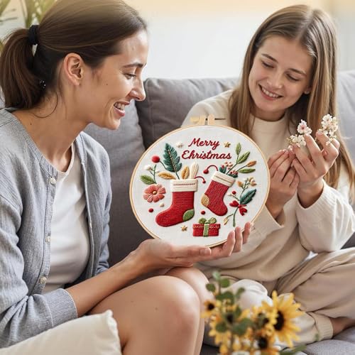 Image of LB Cute Christmas Embroidery Kit for Beginners Adults, 3 Sets Hand Embroidery Starter Kit with Gnome Pattern and Instructions Stamped Cross Stitch Kits Include Embroidery Hoop Needles Threads Scissors
