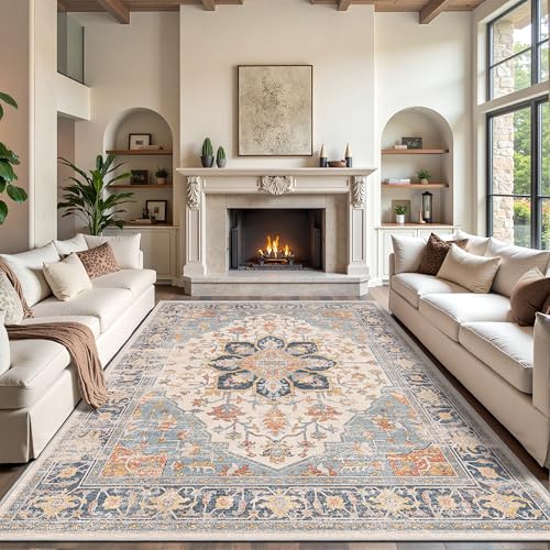 Rugland Area Rugs 9x12 Living Room - Stain Resistant Washable Rug, Anti Slip Rugs for Living Room, Vintage Tribal Area Rugs(TPR11-Blue, 9'x12')
