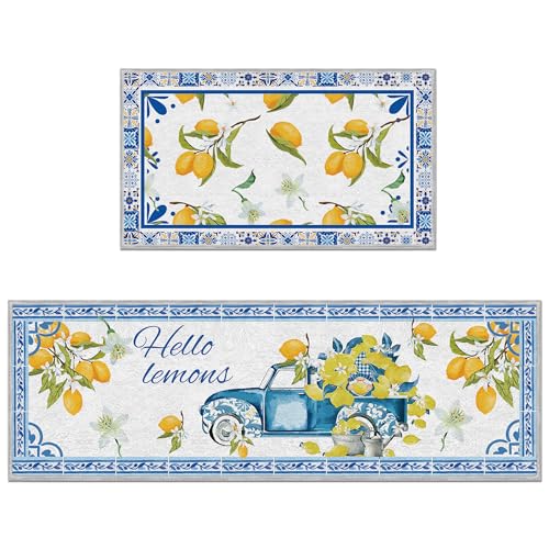 Romart Lemon Kitchen Rugs Set, 2 Pcs Lemon Runner Rug and Floor Mat, Mediterranean Italian Decor for Farmhouse Kitchen Dining Room (16" x 28" & 16" x 47")