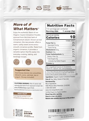 Micro Ingredients Organic Ceylon Cinnamon Powder, 8 oz | Sri Lanka Source | True Cinnamon for Spice & Seasoning | Great for Baking, Cooking, & Drinks | Additive Free, Non-GMO Alternate view