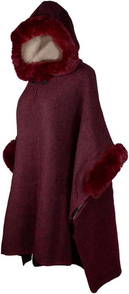 Women's Hooded Cloak Faux Rabbit Fur Cape Wrap Wool Coat Cardigan Poncho Warm