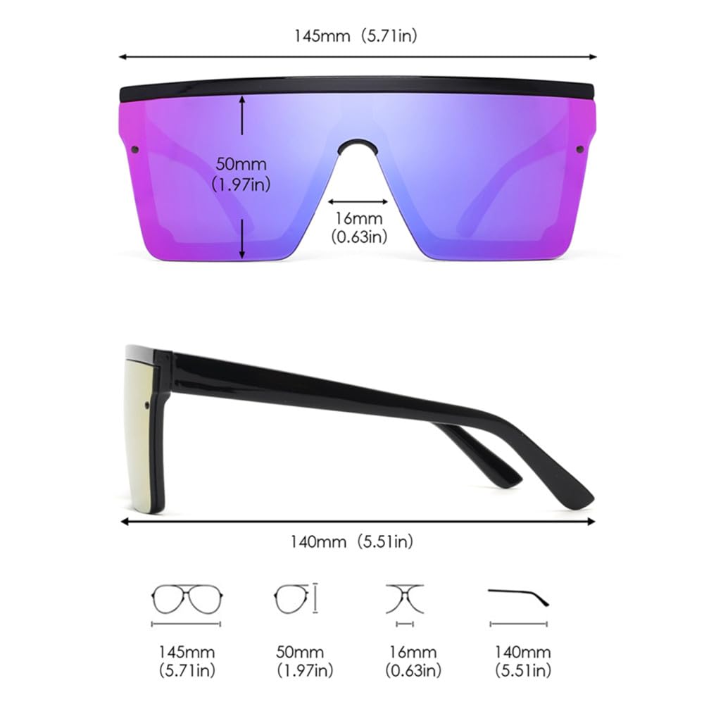 Gafas de sol grandes con visera plana para mujeres y hombres, gafas de sol cuadradas de espejo para mujeres y hombres, UV400, de gran tamaño, C2 rosa rosa, talla única, C2 Rosa Rosa, Talla