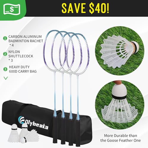 Image of 20ft Portable Outdoor Badminton Net Set for Driveway Backyard, Beach, Park with Durable Anti-Sag PE Net, Heavy Duty Steel Poles, 4 Badminton Rackets, 3 Shuttlecocks and 600D Carry Bag