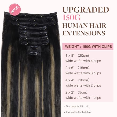 Image of GOO GOO Clip in Hair Extensions Real Human Hair, Remy Human Hair Extensions Clip ins for Women, Natural Human Hair, 22inch 150g 9Pcs, 1B /16 /1B Balayage Natural Black to Light Blonde