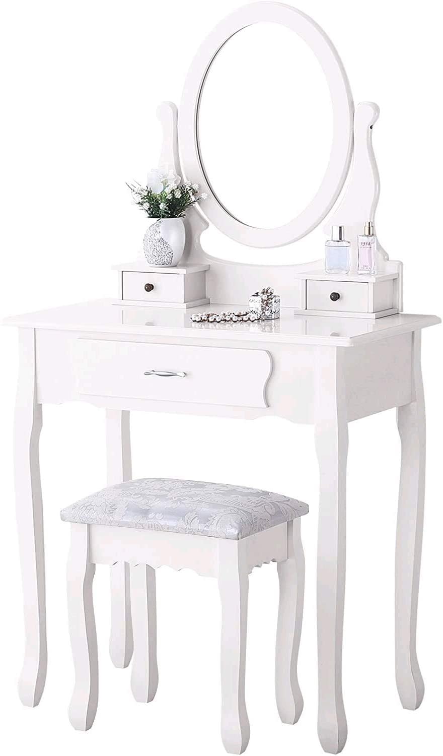 PerGar Vintage Schminktisch Set, Kosmetiktisch Makeup Tisch mit Gepolstertem Hocker, Runder Spiegel und 3 Schubladen, Frisiertisch Schminkkommode, 75 x 40 x 136, Weiß