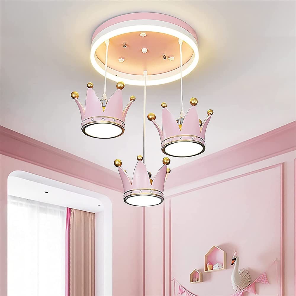 ZYFSHA Blisko lamp sufitowych Żyrandol sufitowy z różową koroną Nowoczesna sufitowa do pokoju księżniczki z kreskówek z pilotem dla chłopców i dziewcząt Sypialnia przedszkole,