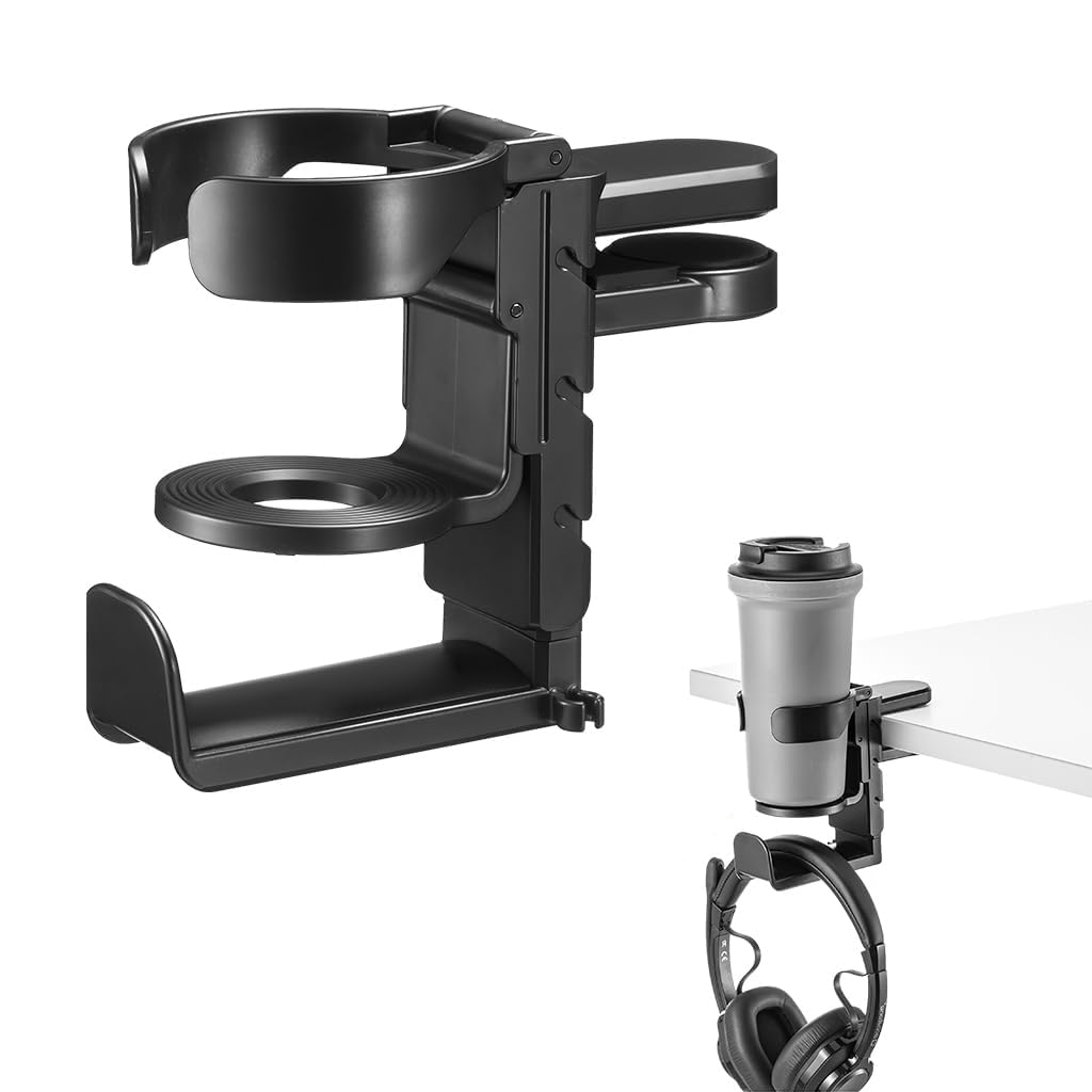 ZORBES®2 in 1 Headphone Hanger with Desk Cup Holder, Under Desk Clamp Rotatable Headset Holder, No-Drill Desk-Mount Design Adjustable Headphone Hook, Suitable for Coffee Mups, Water Cups, Headphone