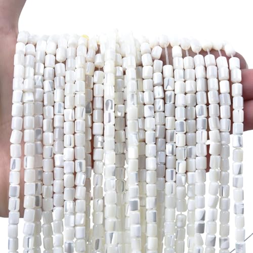 Image of HAAMIIQII Natural White Mother of Pearl Shell Beads 5x6mm Barrel Shape Semi Precious Stone Loose Gemstone Beads for Jewelry Making Strand 15 Inch (63-66pcs)