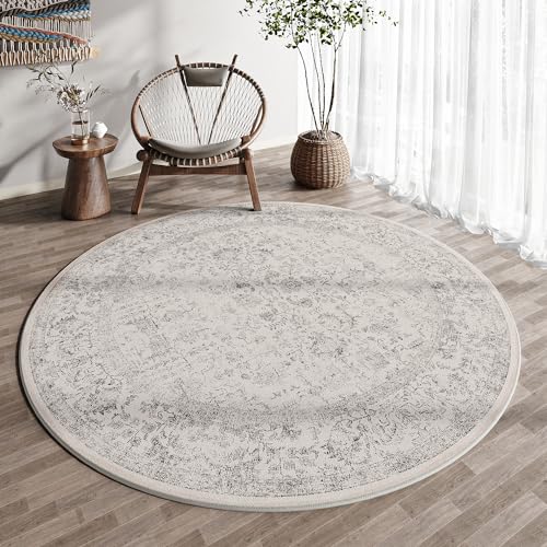 Grey Round Area Rug 3ft Entryway Door Mat Small Circle 3x3 Kitchen Vintage Carpet Non Slip Indoor Bedroom Washable Distressed Floral Retro Accent Throw Rug Office Bathroom