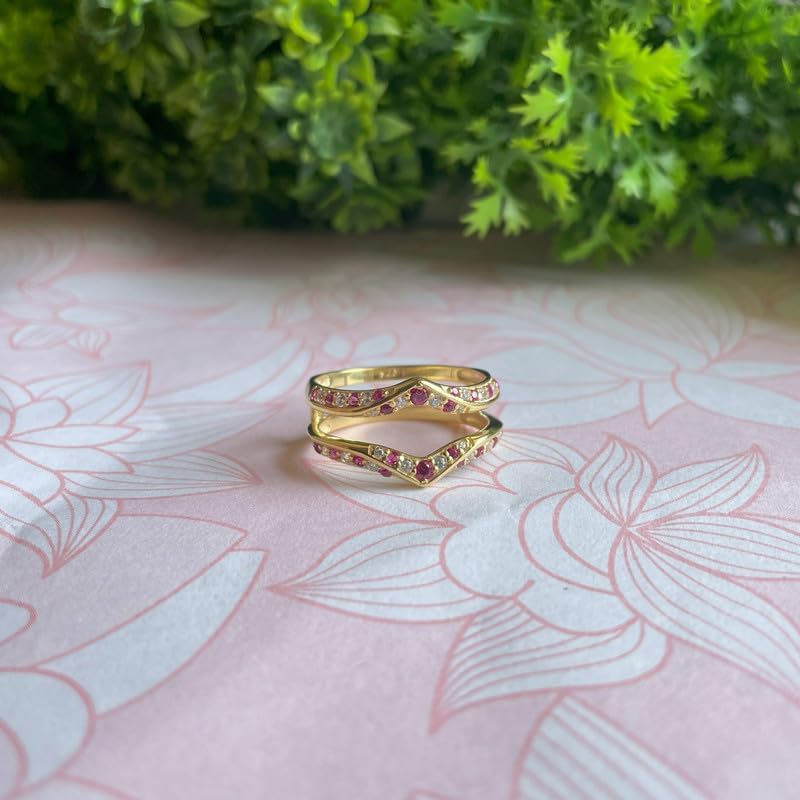Red Ruby & White Diamond V Shaped Enhancer Guard For Women, 14k Gold Finish Ruby Anniversary Wrap Ring, Anniversary Band