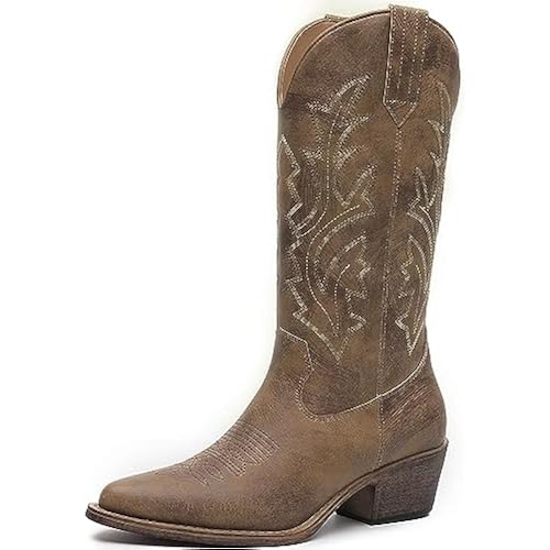 GLOBALWIN Women's Cowboy Boots Comfortable Brown Cowgirl Boots For Daily Wear, Work & Travel Square Toe Fall Boots With Low Heel And Easy Side Zipper Versatile Mid Calf Boots For Women