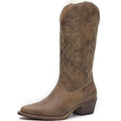 Image of GLOBALWIN Women's Mid Calf Western Cowboy Boots Cowgirl Boots for Women with Floral Embroidery Side Zipper Chunky Heel