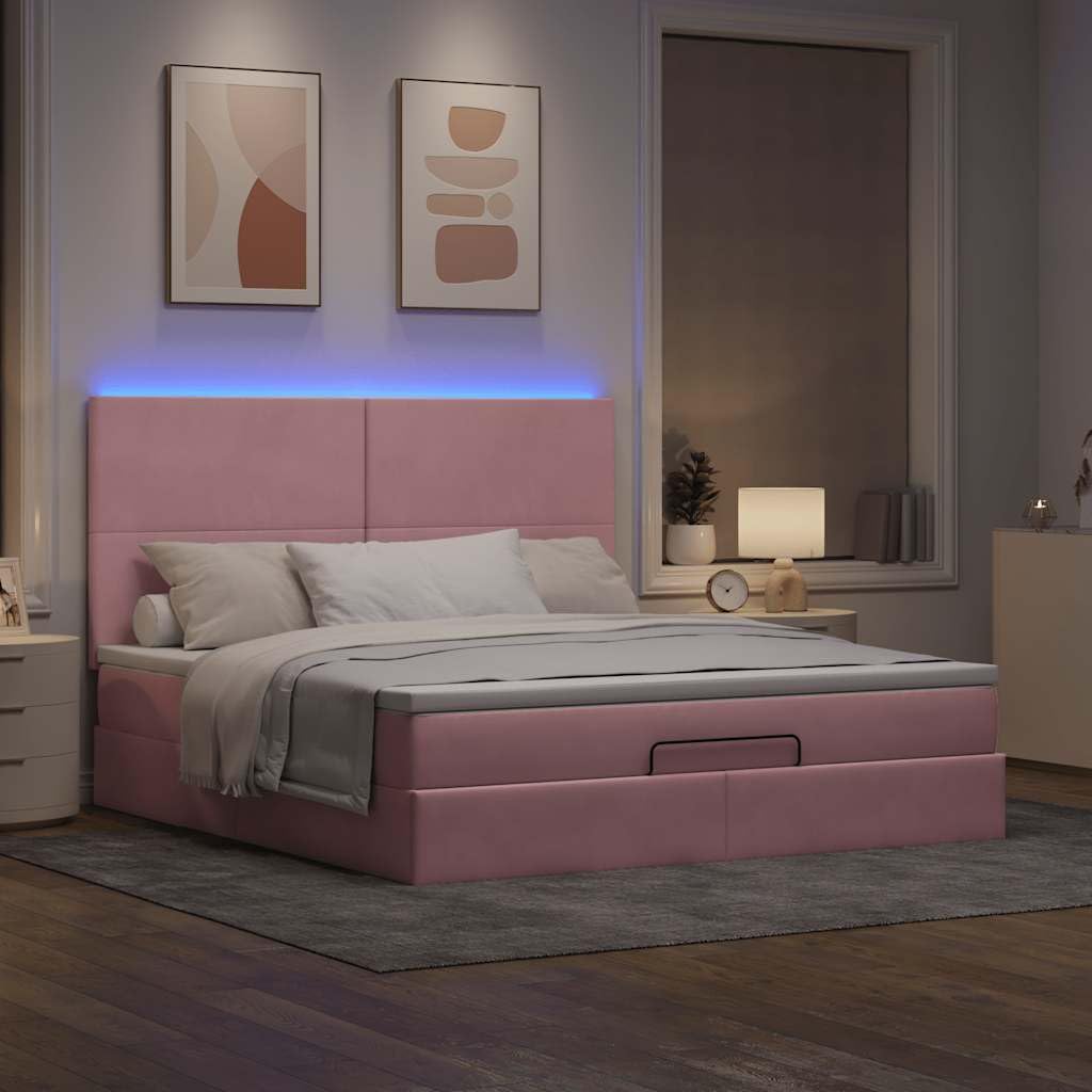 Cama otomana rosa de terciopelo 180 x 200 cm, con colchón de muelles ensacados LED y gran espacio de almacenamiento para jóvenes y habitaciones de invitados