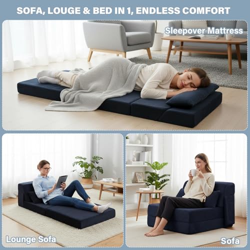 Image of Tiita Convertible Folding Sofa Bed Single Size for Adults with Pillow, Plush Fabric Floor Mattress Couch Bed, Washable Cover & Side Pocket, Guest Room, Dorm, Apartment, Living Room, Navy
