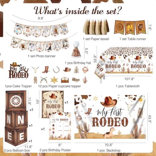 Image of First Birthday Decorations for Boy - My First Rodeo All-in-One Cowboy 1st Birthday Party Kit with Balloon Arch, Vinyl Backdrop & Cowboy Hat (Rodeo Theme)